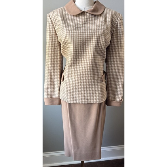 William Pearson Dresses & Skirts - Tan Houndstooth Skirt Suit Women 12 2 Pc Peter Pan Collar William Pearson